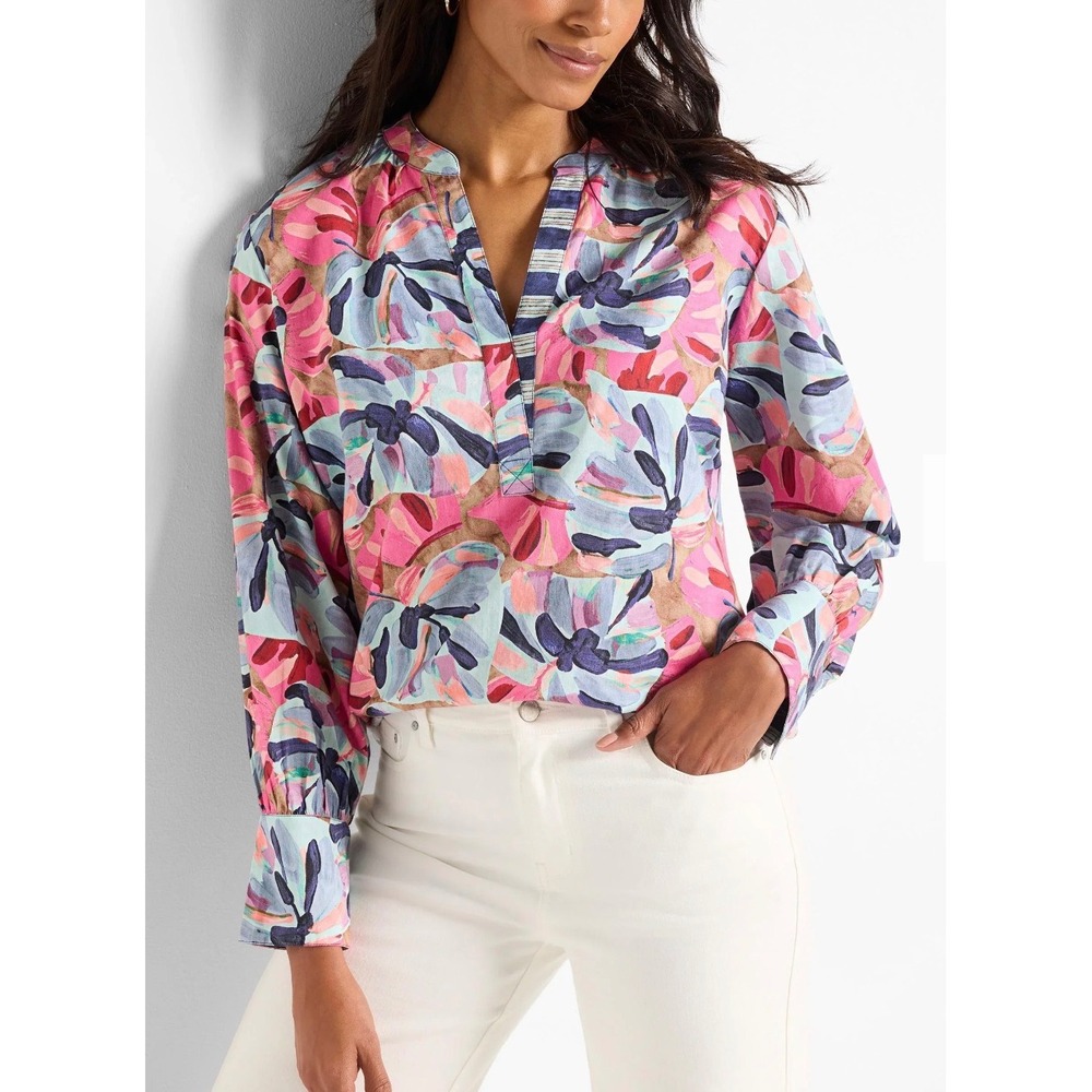 NIC+ZOE Firework Foliage Blouse Floral Tropical Split Neck Long Sleeve M